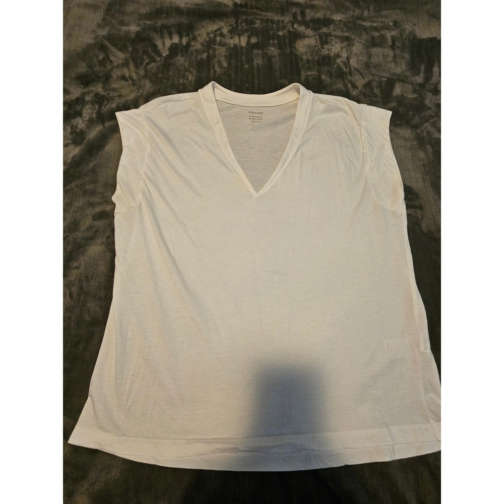 FRAME Le Mid Rise V White Cotton V-Neck Cap Sleeve Tee Blanc Medium - Picture 4 of 9